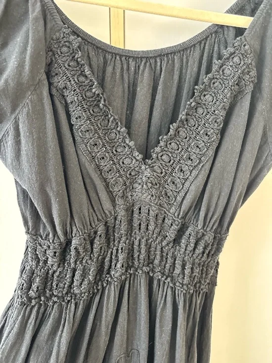 Black Dark Cottagecore Whimsigoth Midi Dress Romantic Lace Crochet Embroidery - Picture 4 of 14